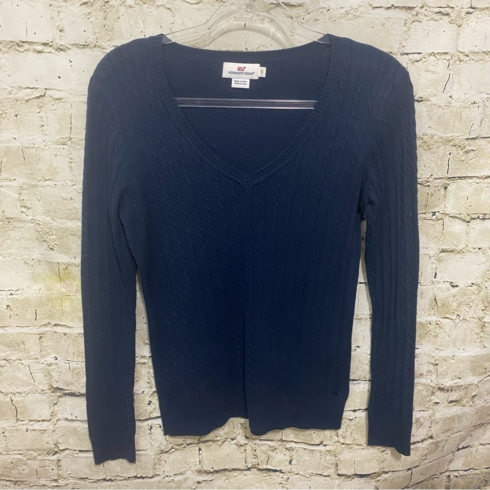 Vineyard Vines Navy Blue Cotton V Neck Cable Knit Sweater